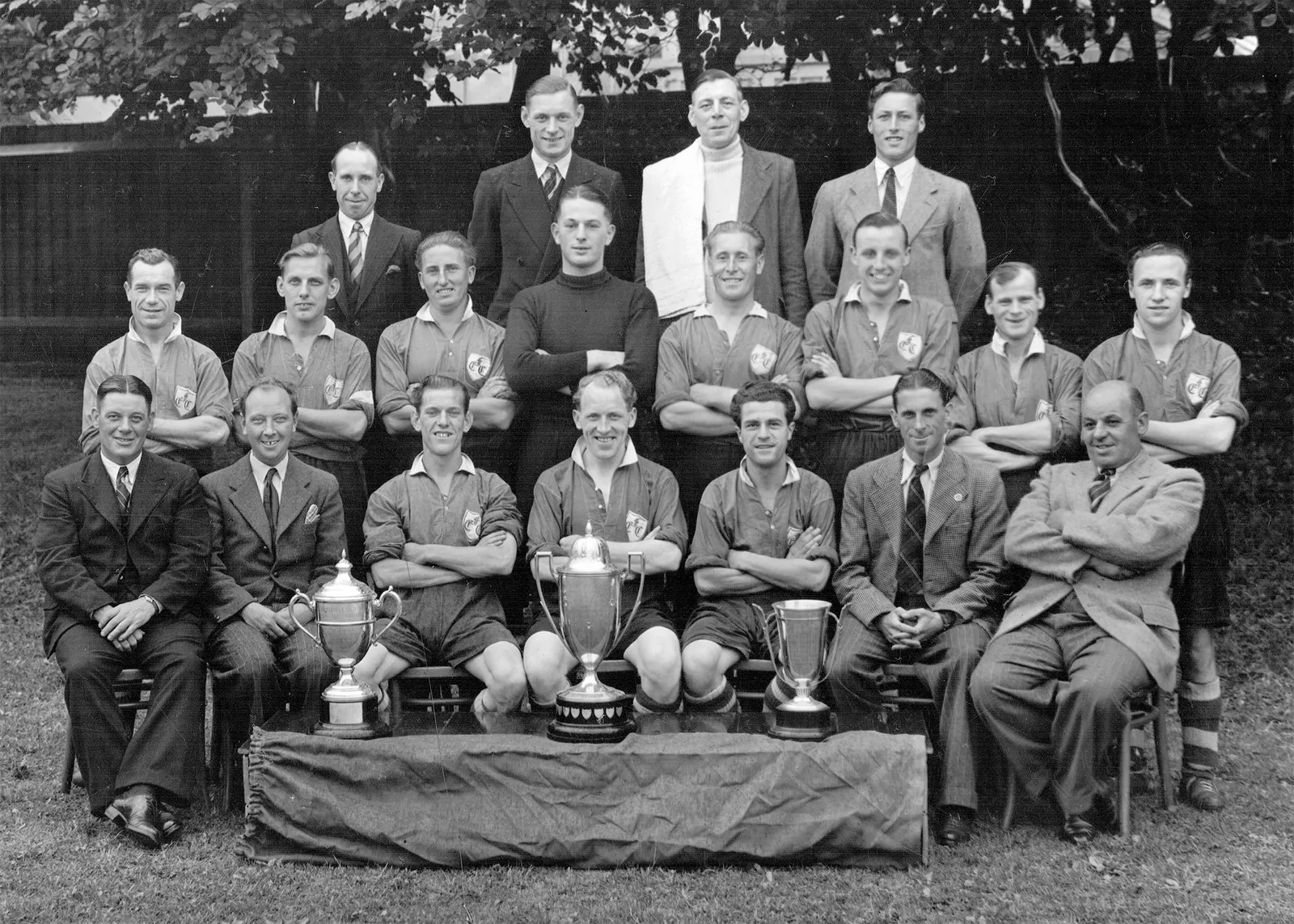 Black and white team photograph before colourisation